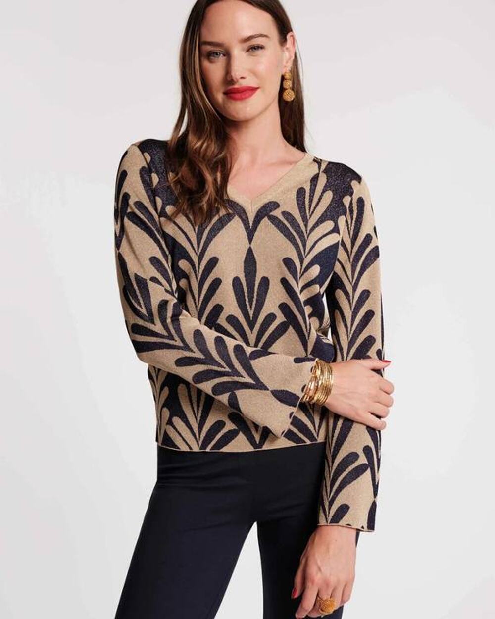 Frances Valentine Dakota Royal Palm Lurex Knit LS Top in Navy Gold L